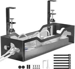 Under Desk Cable Management Tray No Drill, Metal Mesh Cable Management Under Desk with Clamp Mount, 2 Hole Cable Tray with Wire Management and Cord Organizer for Home Office Standing Desk
