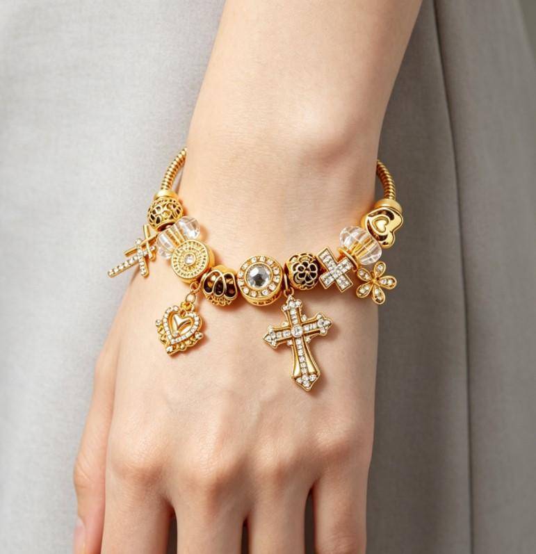 Gold Plated Adjustable Snake Chain Charm Bracelet, Cross Heart Flower Crystal Beaded Bracelet, Vintage Fashion Jewelry Gift for Women Girls Gold Plated Adjustable Snake Chain Charm Bracelet, Cross Heart Flower Crystal Beaded Bracelet, Vintage Fashion Jewelry Gift for Women Girls