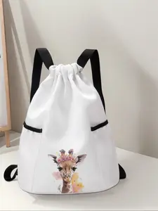 Giraffe Print Drawstring Backpack, Large Capacity Durable Gym Bag, Adjustable Shoulder Straps, Casual Travel Hiking Camping Bag