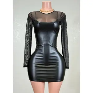 ARIELLA BLACK FAUX LEATHER MIDI DRESS WITH MESH UNDER SHIRT