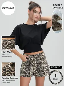 Katch Me Chic Women's Blod Leopard Print High Waist Denim Shorts, Vintage Multi-Pocket Women's Bottom for Daily Wear, Durable Street Style Wrinkle-Resistant Jeans