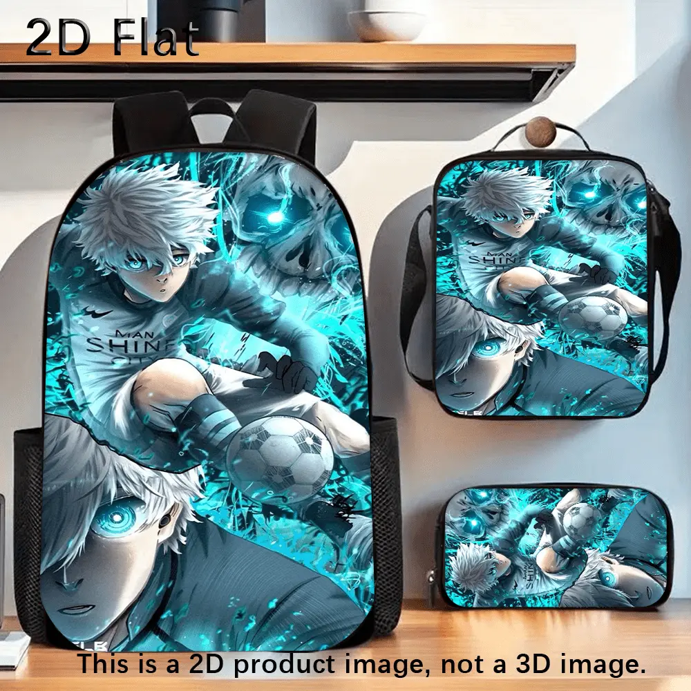 Blue Lock Nagi Seishiro 3-Piece Backpack Set, Soccer Anime Print School Bag + Lunch Bag + Pencil Case, Oxford Cloth Adjustable Strap Daypack for Fans & Kids