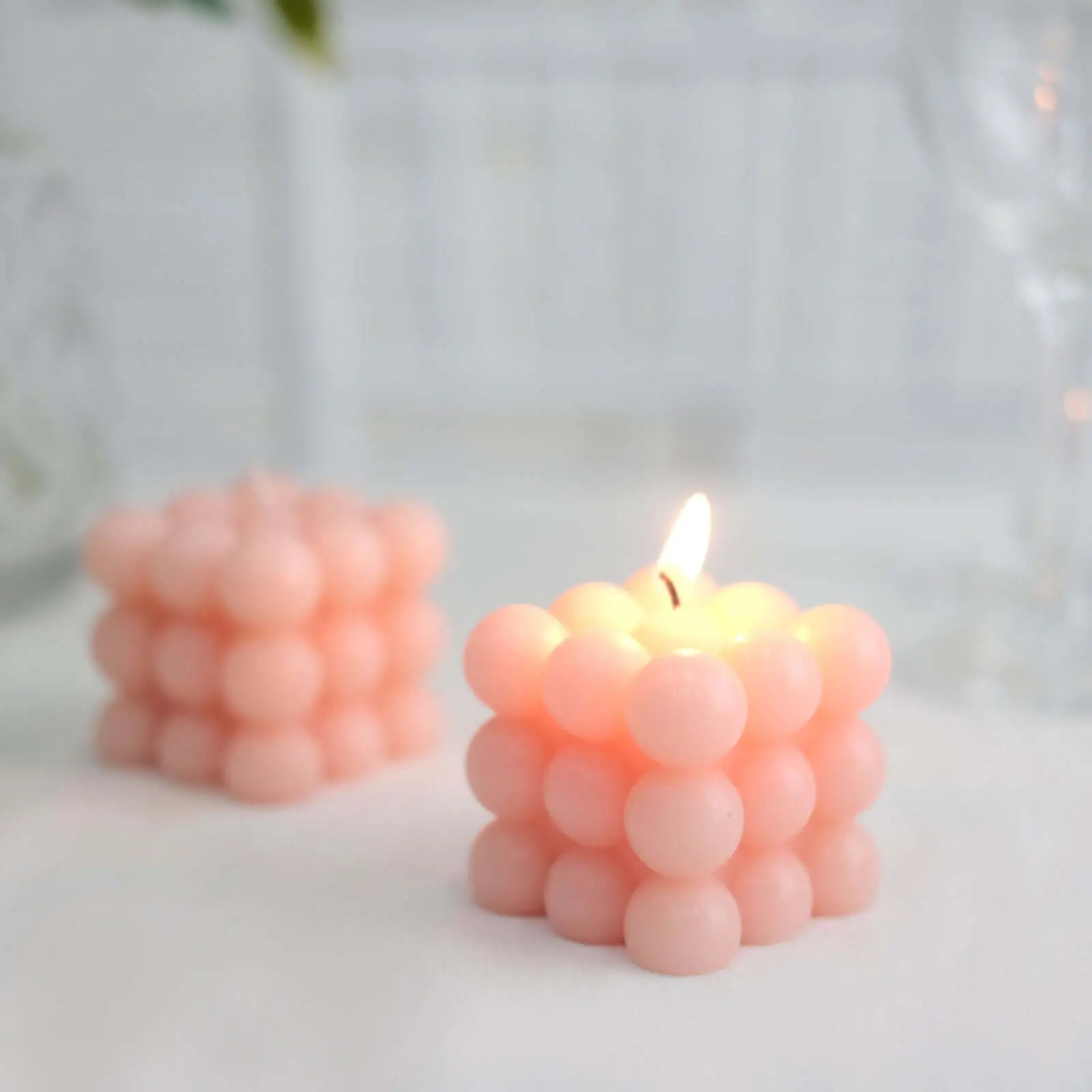 Decorative Paraffin Wax Candles 2-Pack, 2in Bubble Cube Blush Pink Unscented Long-Burning Pillar Set for Home, Room Decor, House Decor, Restaurants