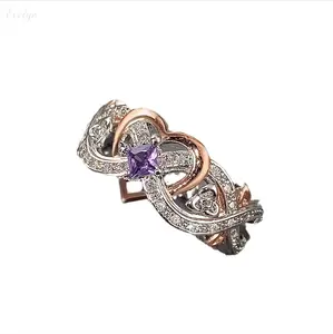 Two Tone Rose Gold Silver Infinity Heart Ring, Square Purple Amethyst CZ Band, Micro Pave Hypoallergenic Fashion Jewelry for Daily Dating, Wedding Anniversary & Prom Party Wear