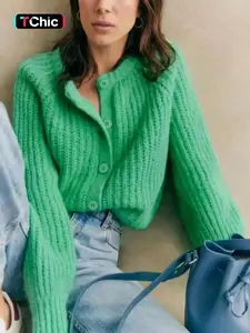 Women's Solid Color Button Front Cable Knit Cardigan, Casual Long Sleeve Open Knitwear for Fall & Winter, Fashion Ladies' Clothing Daily Wear, Outerwear, Cozy, Versatile, Comfort, Style, Outfit, Essential
