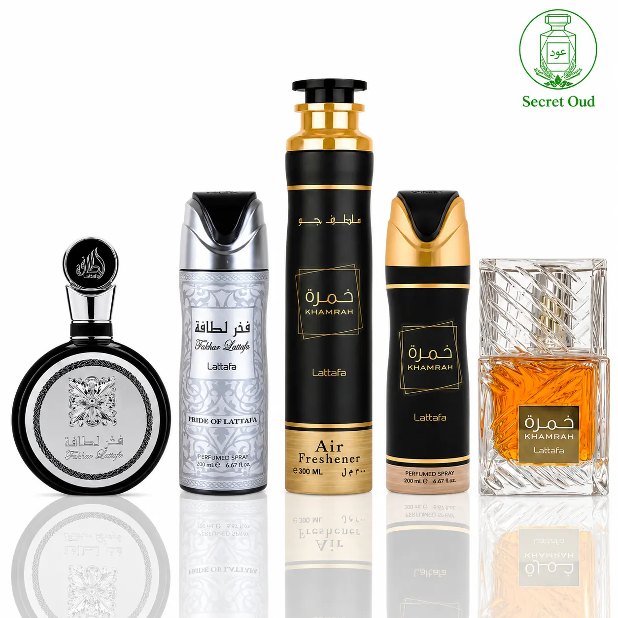 Khamrah Air Freshener + Khamrah + Khamrah Deodorant + Fakhar lattafa man + Fakhar Silver Man -- 5 piece bundle