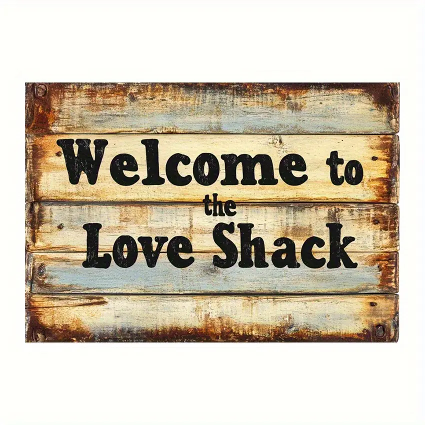 2D Flat, 1pc 12x8 Inch Aluminum Welcome to Love Shack Metal Sign - Rustic Vintage Wall Art with Distressed Wood Design, Iron Foil Engraved Indoor/Outdoor Decor for Home, Bar, Cafe, Garage, Indoor Signage, Bold Lettering, Durable Signage, 2D Flat