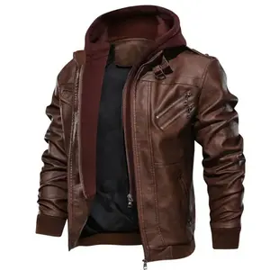 Men Brown Leather Motorcycle Jacket with Removable Hood Hoodie Casual