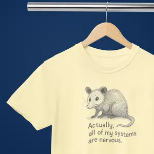Graphic Tee: Opossum Nervous System - Ultra-Soft Cotton Blend, Crew Neck, Short Sleeve, Casual Cartoon Style, Perfect for Anxious Outings & Therapy Days