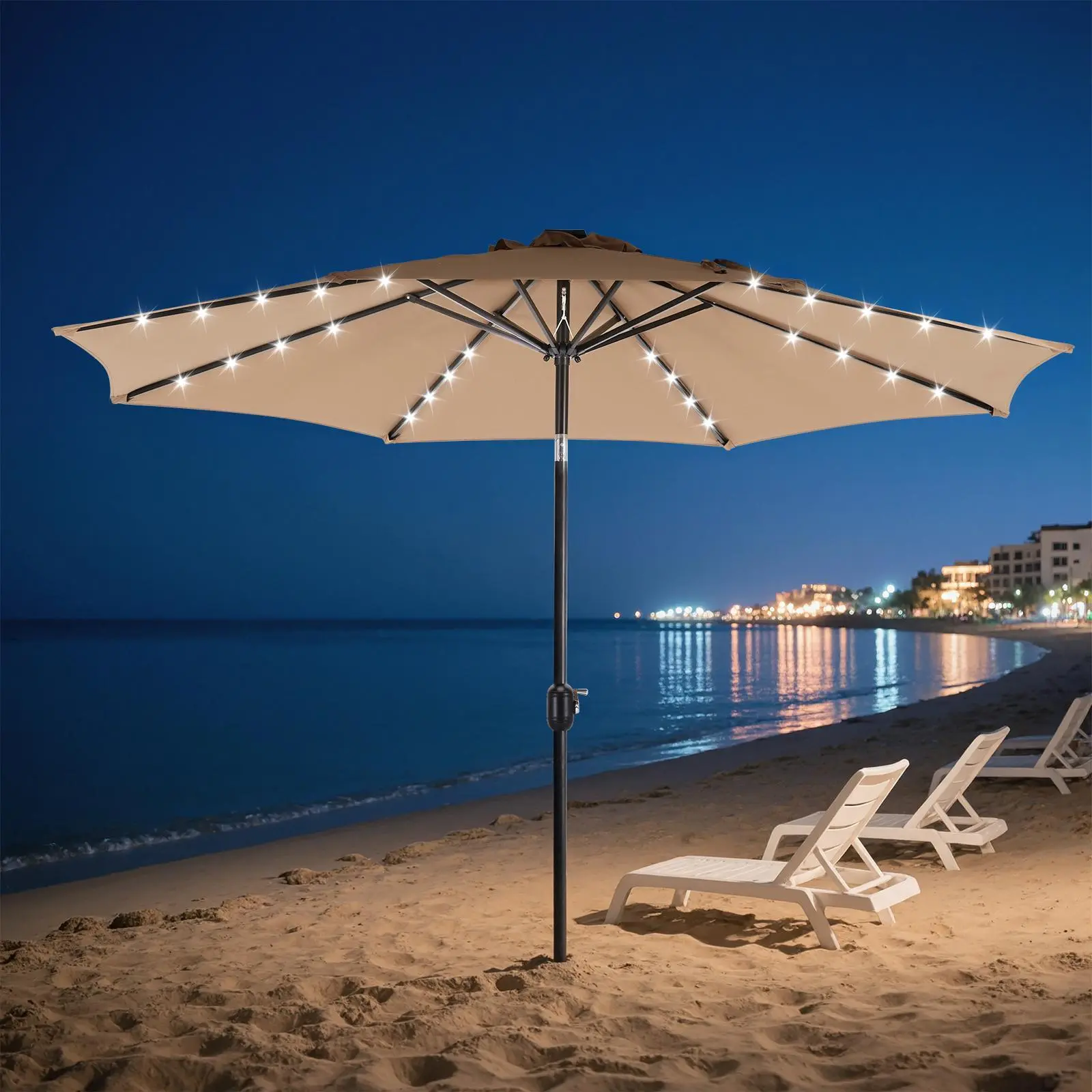 10 FT LED Outdoor Patio Deck Umbrella Parasol with 32 Solar Lights, Tilt & Crank, UV-Resistant Waterproof Sun Protection Sun-Shaded UV Defense Weather-Resistant Outdoor Parasol for Pool, Beach, Sun Protection Parasols, Sun-Shaded Parasols