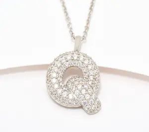 Diamonique Puffy Initial Necklace, Sterling Silver
