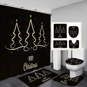 Christmas Theme Bathroom Set, Includes Shower Curtain, Toilet Seat Cover, Bath Mat, U-Shaped Pad, Home Decor Essentials, Christmas Gift, Bathroom Accessory