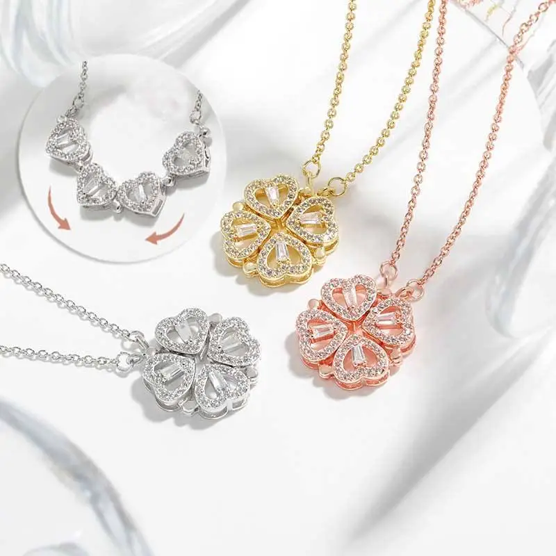 S925 sterling silver 2 in 1 Four Leaf Clover Charm Lucky magnetic Necklace Heart Zircon Pendant Necklace Link Mother's Day Jewelry Gift