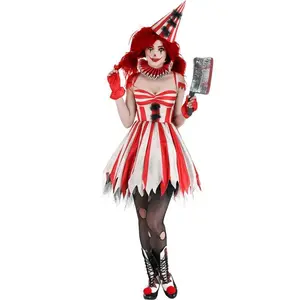 HalloweenHorrorClownCostumeSetwithStripedPointedHat,RedGloves,andRuffledCollar-RockHorrorClownCostumewithSuspenderSkirt,WhiteFacePaintingDesign,SuitableforCarnivals,ThemeParties,andRolePlay-HandWashableSeasonalCostume