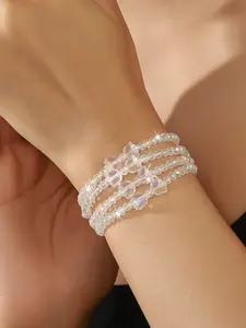 Shiny Ab Colorful Faceted Glass Bead Bracelet, Elegant Bow Transparent Beads, Adjustable Elastic Wristband, Stylish Girls' Hand Ring