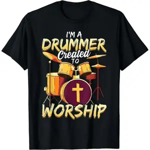 Drummer Created To Worship Graphic Tee Unisex Top Vintage Streetwear Crewneck Short Sleeve Shirt For Church Band Rehearsal Concert Gift