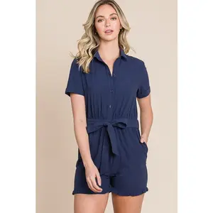 Lime 'N' Chili Collared Button Down Romper with Tie Belt