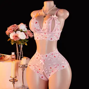 AESKEIA Pink Hollow Heart-Shaped Lingerie Set with Adjustable Straps, No Padding, Low-Rise Open-Crotch Panties, Perfect for Valentine'S Day Gifts Or Romantic Dates Elegance