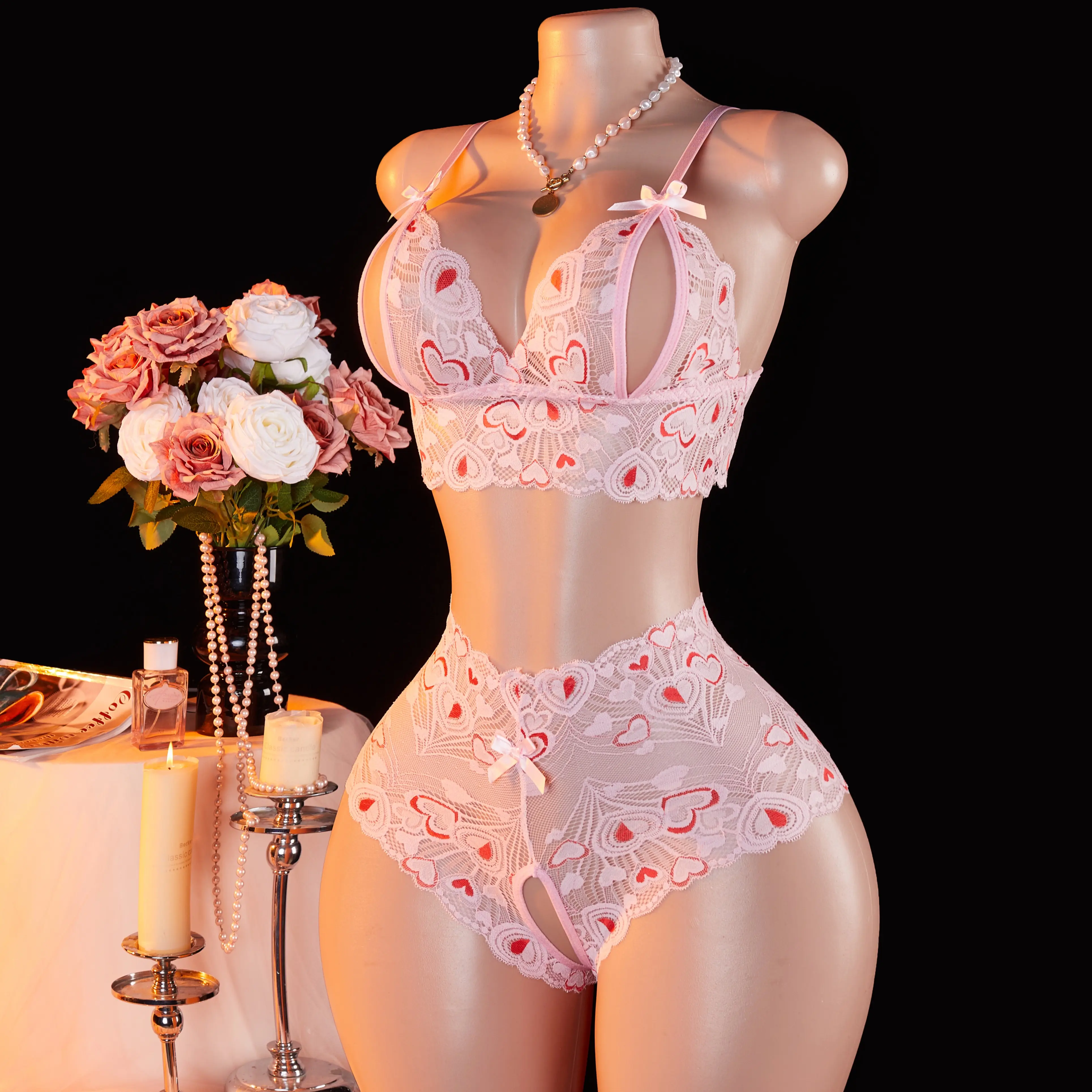 AESKEIA Women's 2-Piece Sexy Lace Lingerie Set - Heart Print Sheer Mesh Bra and Panties Matching Set, 2 Piece Sets