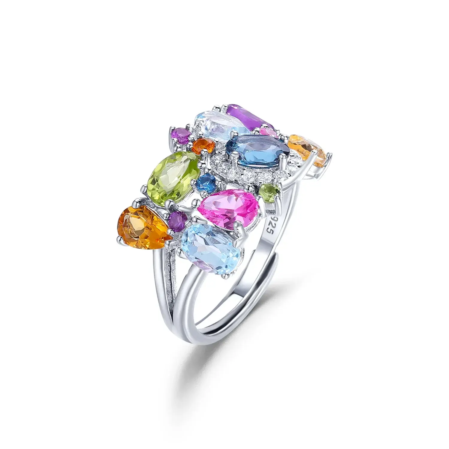 Women's Classic 4.45g 925 Sterling Silver Adjustable Prong-Set Multicolor Stones Ring - Handmade Natural Citrine, Amethyst, Peridot, Topaz Ring for Party, Customizable (is_customized: yes, item weight: 4.45g), Unique Handmade, Cocktail Ring, Female