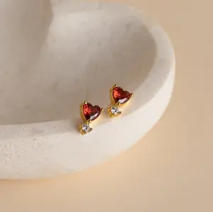 Garnet Heart Studs by Caitlyn Minimalist - Dainty Diamond Drop Earrings in Gold - Romantic Vintage Jewelry - Perfect Gift for Her