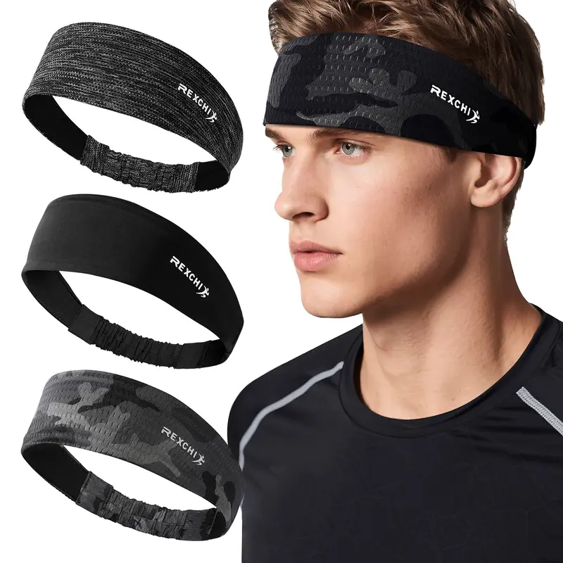 OIDEA Unisex 3-Pack Adjustable Wide-Band Fit Workout Headbands - Fast-Dry, Moisture-Wicking, No-Slip Elastic Athletic Hair Accessories for HIIT Sweat Control, One Size