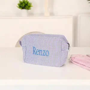 Monogrammed Seersucker Toiletry Bag: Personalized Cosmetic & Makeup Storage