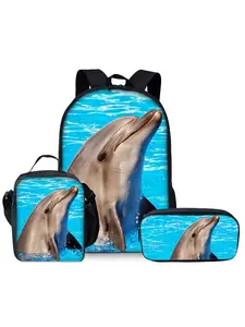 Dolphin pattern printed 17-inch backpack three-piece set (single-layer backpack + shoulder strap lunch bag + single-layer pencil bag)