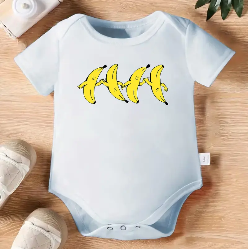 100% Cotton Baby Romper - Soft Short Sleeve Jumpsuit with Holding Hands Banana Cartoon Print, Casual Outfit Suitable for Newborns, Machine Washable Infant Clothing, Perfect for Daily Play