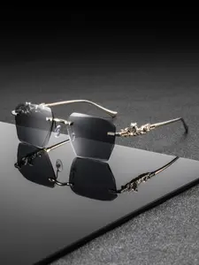 Men's Metal Frameless Diamond Cut Edge High-Quality Leopard Leg Decorative Glasses, Trendy Street Style Casual Fashion Eyewear