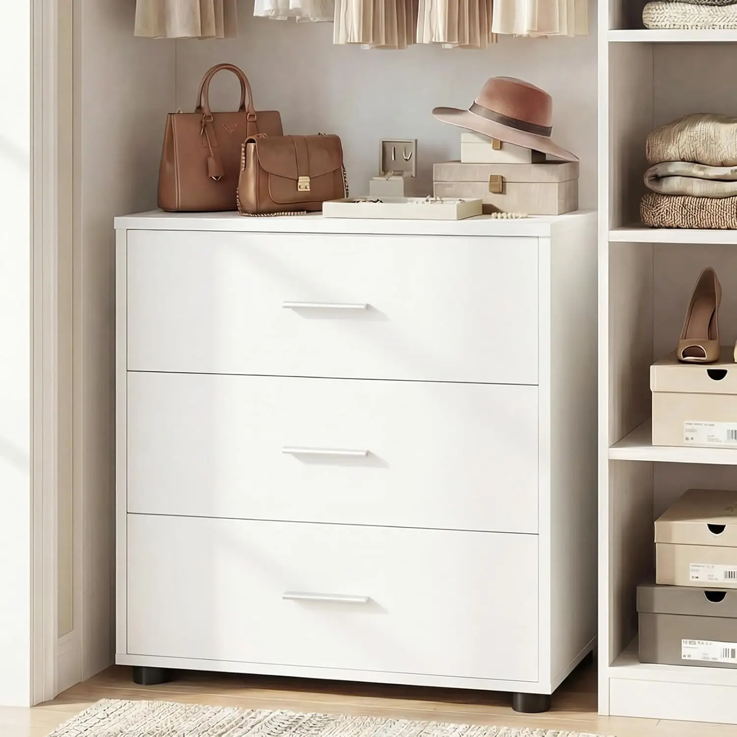 21.7"W 3-Drawer Dresser, Wood Closet Drawers Organizer System, Closet Dresser, Drawers for Closet, Nightstands Bedside End Table with 3 Drawers