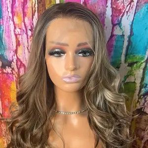 Medeina 13x4 HD Lace Front Wig Brown Highlight Wavy Synthetic Pre-Plucked Glueless Ready for Natural Look