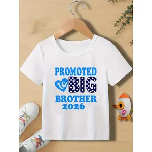 Boys' Big Brother 2026 Print T-Shirt - Cute Cartoon Graphic Tee with Heart & Number 1 Design, Breathable Summer Casual Outfit, Soft Everyday Shirt for Toddlers & Kids, Clothing | Playful Design | Comfortable Fit, Boys Clothes