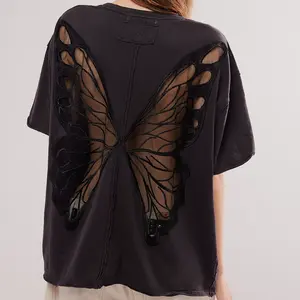 Women's Oversized T-Shirts Fashion Short Sleeve Round Neck Back Butterfly Embroidery Tops Summer T-Shirts1123