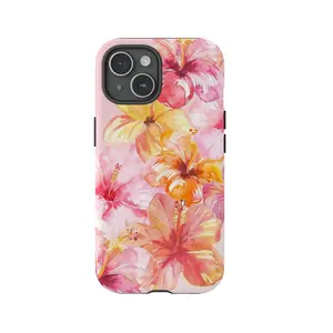 Tropical Floral Phone Case with Pink and Orange Hibiscus, Vibrant Aesthetic Protective Cover, Gift for her, Aesthetic for iPhone 17 16 15 14 13 12 Pro Max
