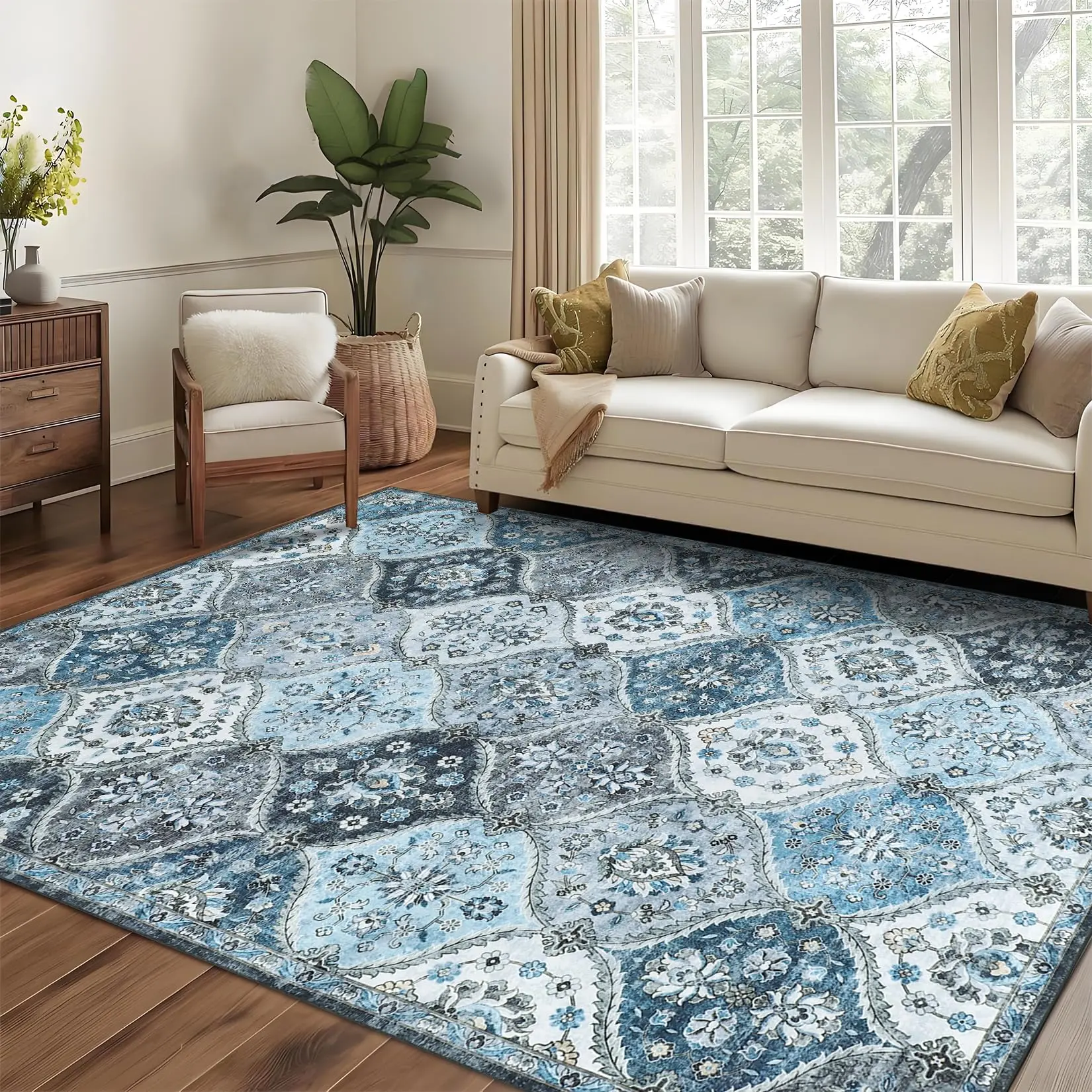 【GARVEE】Area Rugs 4x6 Soft Machine Washable Rug with Non-Slip Backing, Stain Resistant and Low Pile Faux Wool Accent Oriental Carpet, Vintage Printed Rugs for Living Room, Bedroom, Gray Blue