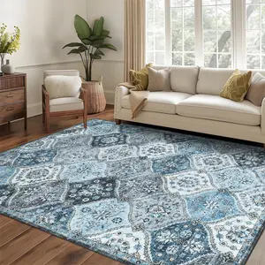 【GARVEE】Washable Rugs 5x7 Area Rug Soft Carpet with Non-Slip Backing, Stain Resistant and Low Pile Faux Wool Accent Oriental Carpet, Vintage Printed Rugs for Office Living Room, Bedroom, Gray Blue