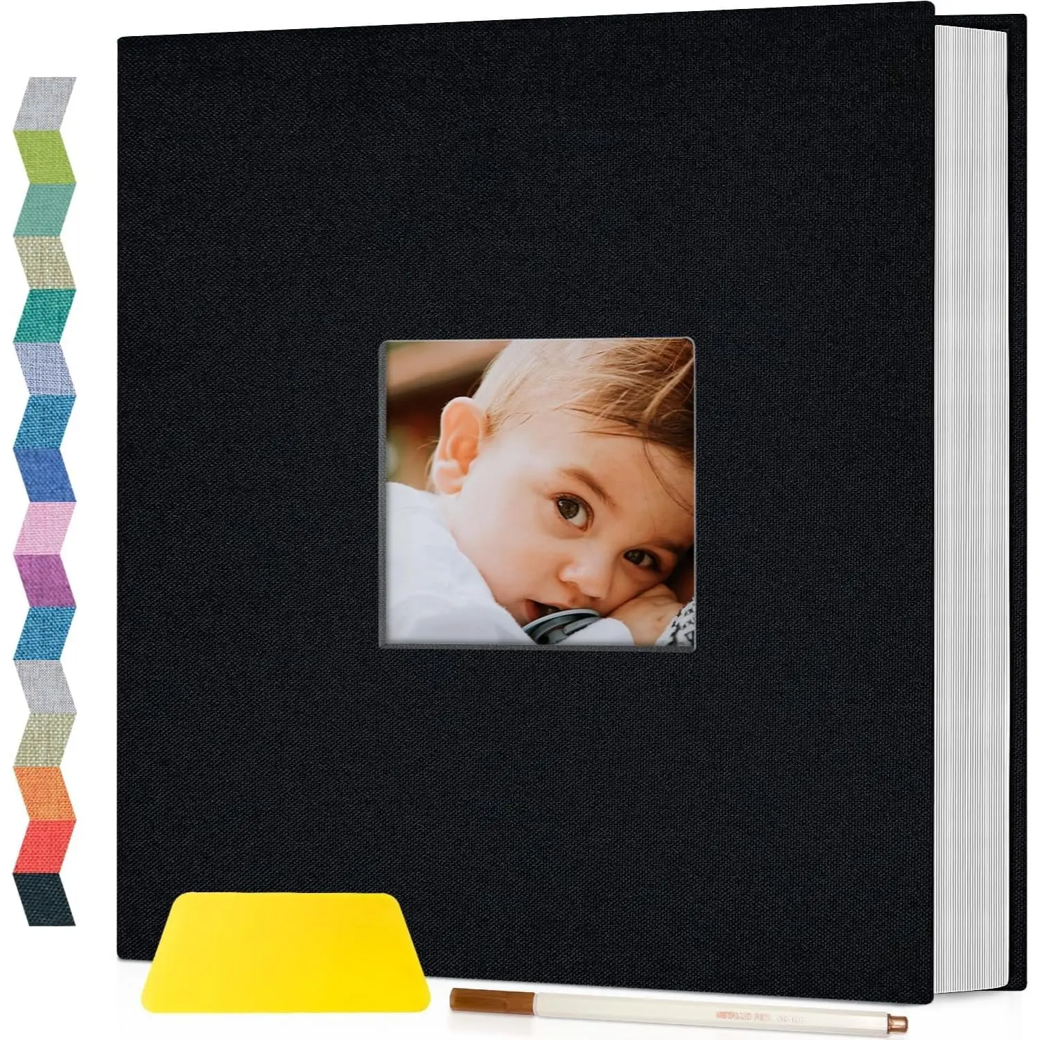 High Quality Acid & PVC-Free Retro Vintage Linen Cover Self-Adhesive Family Album - 11.4 x 10.5 inches, Picture Window, 40/60-Page Scrapbooking DIY Kit for 4x6/8x10 Photos, Scraper & Metallic Pen Included, Christmas Gift for Baby Growth Memories, Mother's