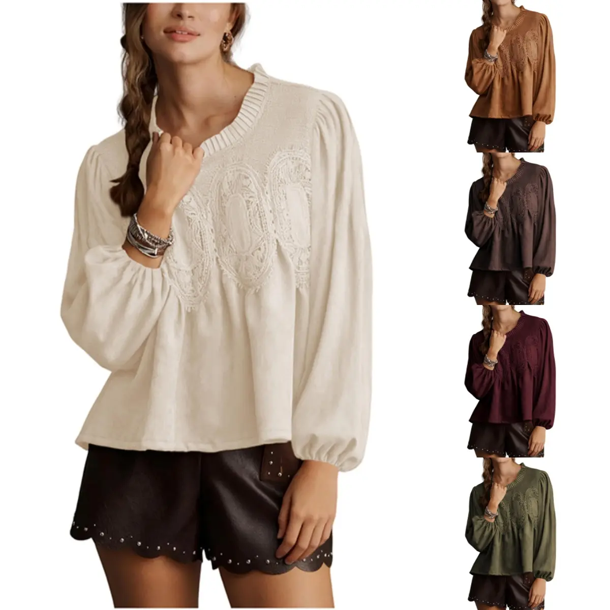 Naeduo Women's Peplum Blouse, Elegant Babydoll Style with Puff Sleeves in Faux Suede and Lace for Casual Office Wear, Minimalist, Chic, Office Ootd, Basic