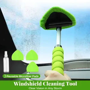 Windshield Cleaning Tool Microfiber Car Window Cleaner with 3 Reusable Pads & Extendable Handle for All Surfaces Kit