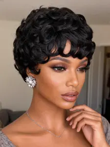 Chic Short Curly Pixie Cut Wig for Women, Layered Design with Bangs, Comfortable Glueless Synthetic Wig