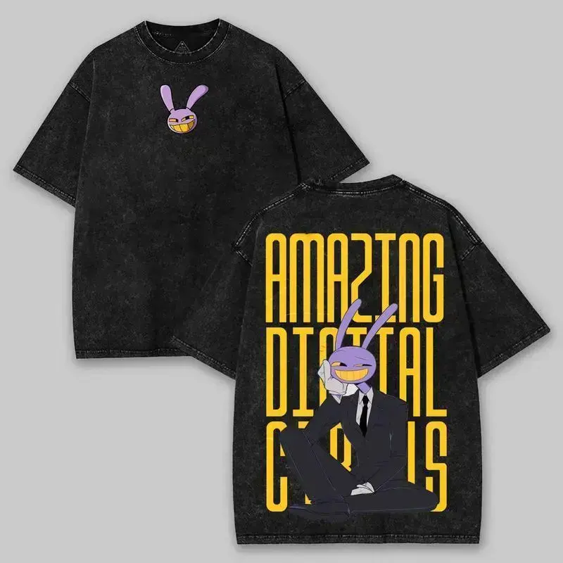 The Amazing Digital Circus Jax Graphic T Shirt Vintage Washed Heavyweight Cotton Oversized Tee Suit Purple Rabbit Indie Animation Merch Acid Wash Men Women Unisex Retro Streetwear Y2K Aesthetic Trending Summer Outfits Gifts TikTok Top Classic Soft