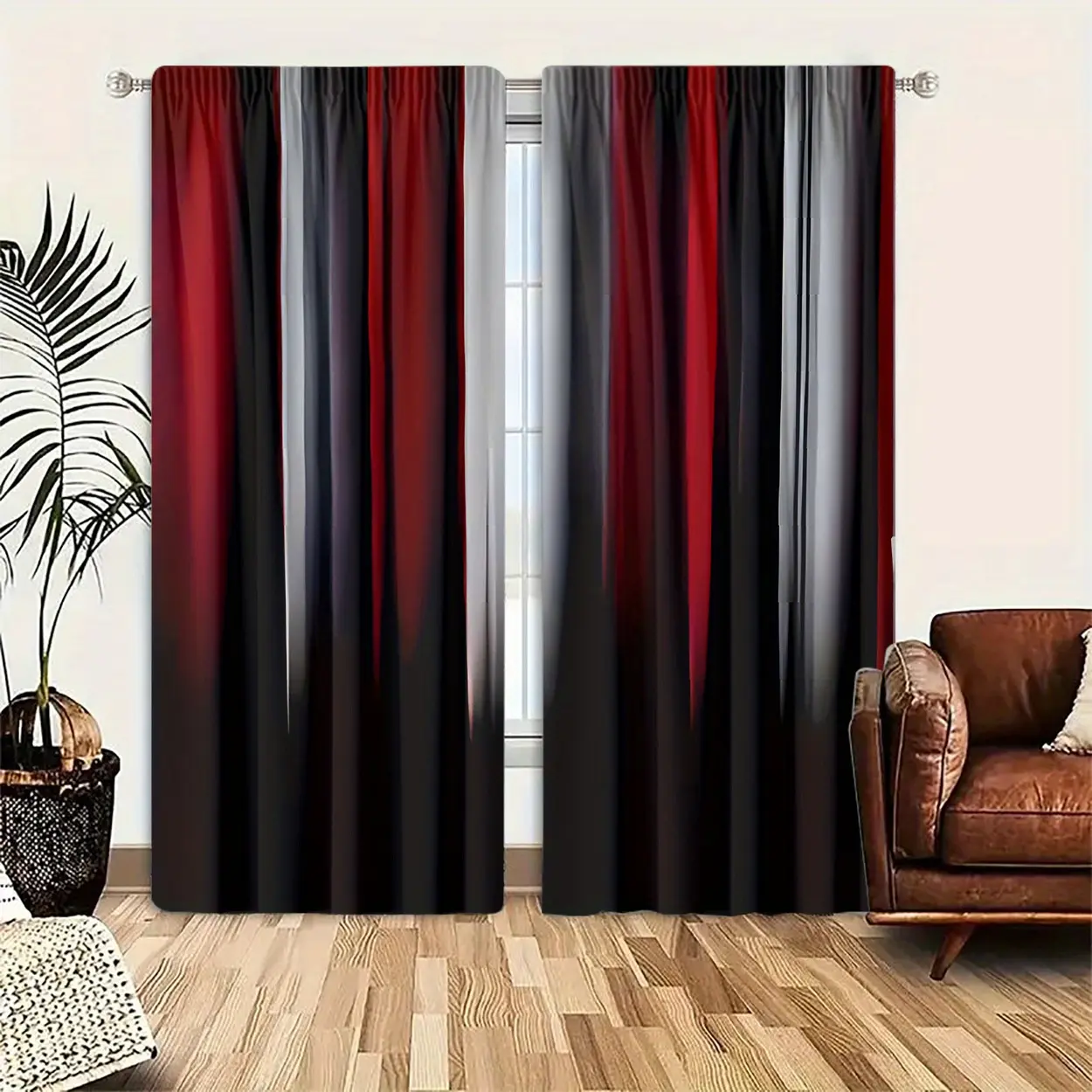 2pcs Art Deco Striped Red & Black Polyester Window Drapes - Light-Filtering, Fade-Resistant, Rod Pocket, Machine Washable for Bedroom, Living Room Decor, Stripes