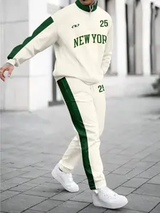 Men's New York Theme Two-Piece Set, & Dark Vintage, 25 Number Print Stand Collar Long Sleeve Zipper Sweatshirt Pants Combo