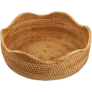 Rattan Round Fruit Basket  Storage Bowls Kitchen Organizer Snack Serving Bowl, 11 Inch Boho Wicker Bread Bowl Woven Basket Decor for Nuts with 3"Side and Wavy Edge (Large 11")