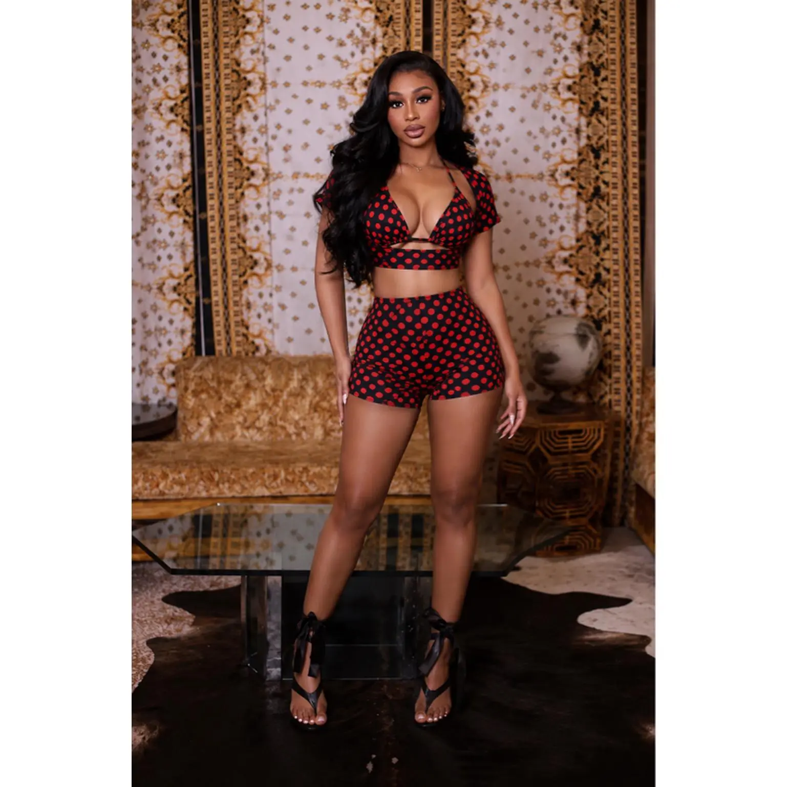 Red Polka Dot Cutout 2-Piece Shorts Set - Fitted Halter Top & High-Waisted Mini Shorts - Stretchy Polyester & Elastane - Summer Style