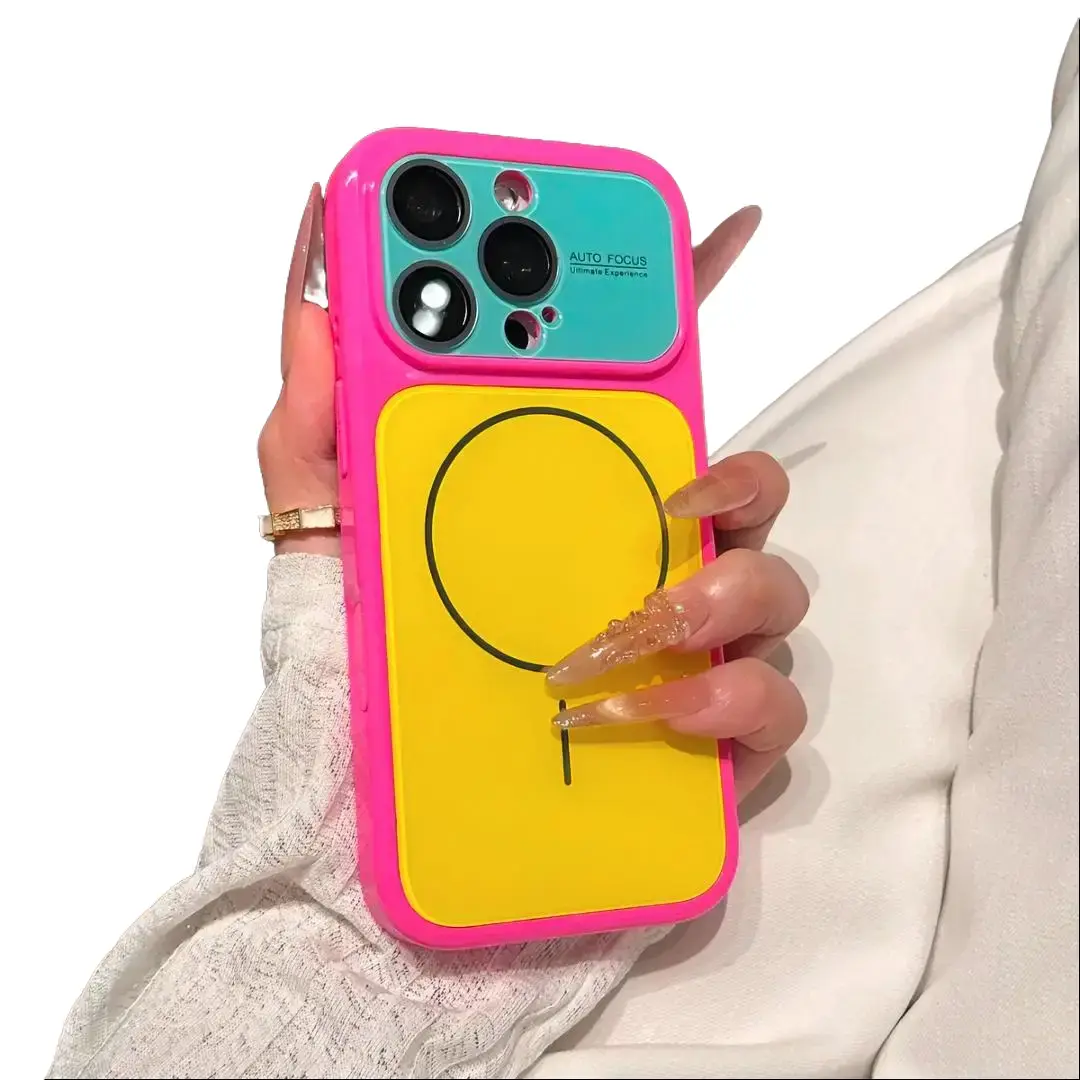 Light Luxury Dopamine Color-Blocking Silicone Magnetic Phone Case with Large Lens Guard, Full Coverage Exquisite Design for iPhone 15/16/17 Pro Max Custom Models, Stylish Mobile Phone Accessories for Girls (iPhone Series Inclusive)