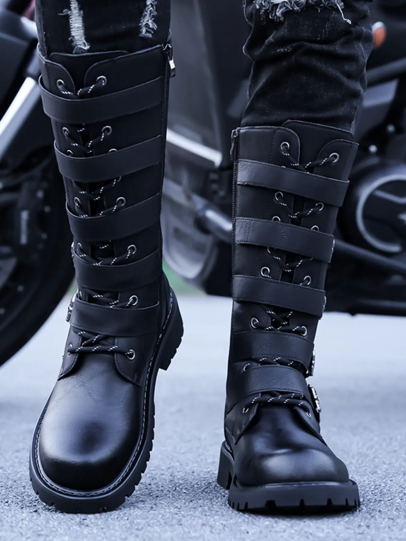 Men's High Top Motorcycle Racing Boots with Belt Buckle Design, Thick Sole Wear Resistant Punk Style Outdoor Knight Boots (38-48)