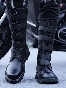 Men's High Top Motorcycle Racing Boots with Belt Buckle Design, Thick Sole Wear Resistant Punk Style Outdoor Knight Boots (38-48)