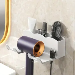 Wall Mounted Hair Dryer Holder, 1 Count Punch Free Hair Dryer Storage Rack, Bathroom Accessories Storage Box, Bathroom Supplies Organizer